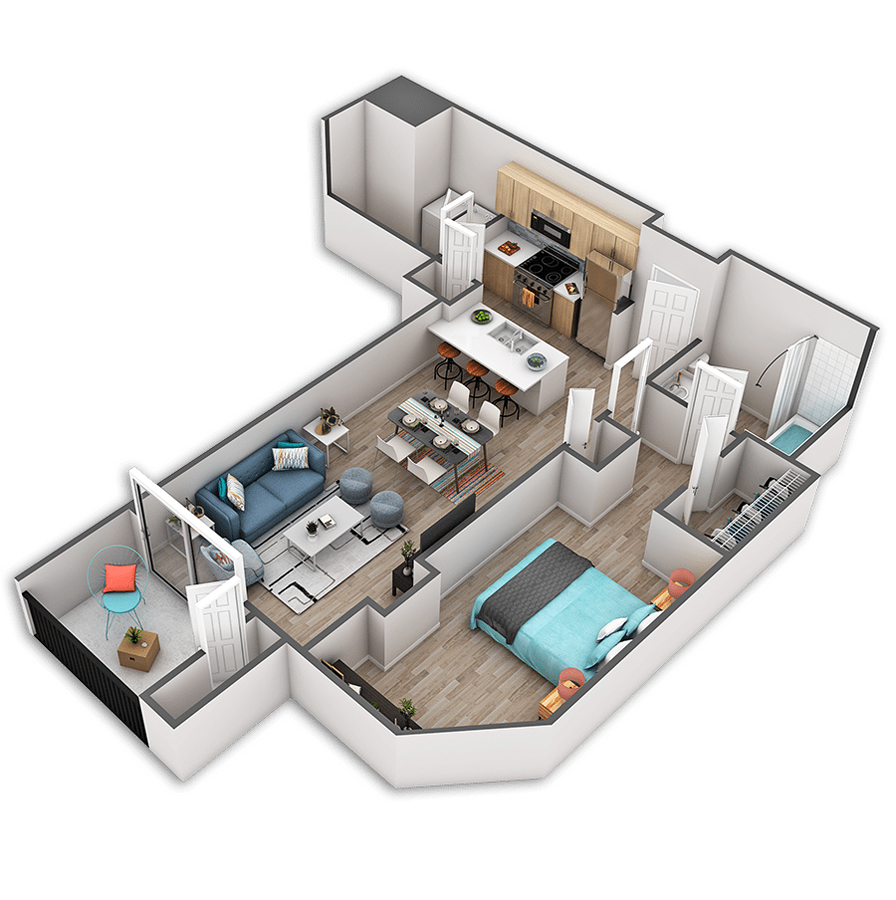 Rendering of the Paladia floor plan with 1 bedroom[s] and 1 bathroom[s] at Griffis Belltown