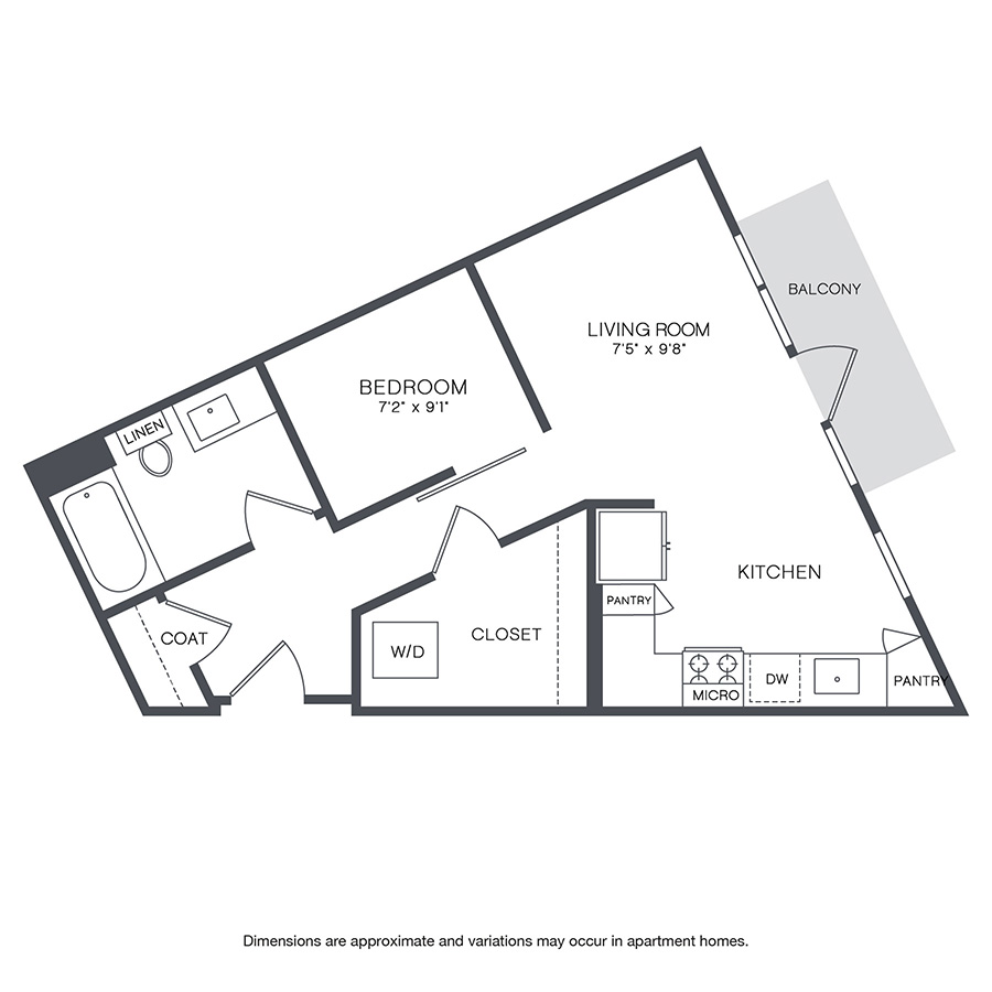 Rendering of the Evanston floor plan with 1 bedroom[s] and 1 bathroom[s] at Griffis Shoreline
