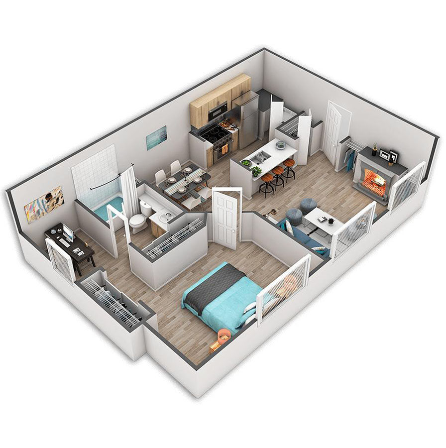 Rendering of the Belair Platinum floor plan with 1 bedroom[s] and 1 bathroom[s] at Griffis Belltown