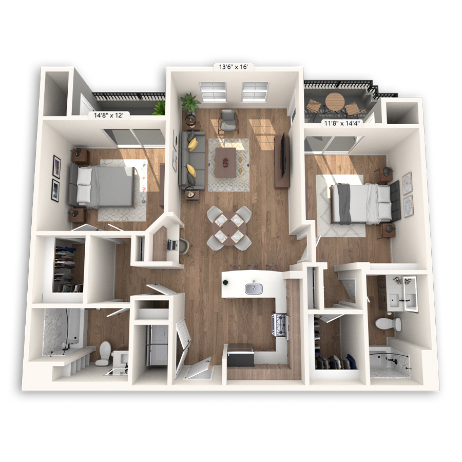 Rendering of the La Jolla Platinum floor plan with 2 bedroom[s] and 2 bathroom[s] at Griffis Mission Valley