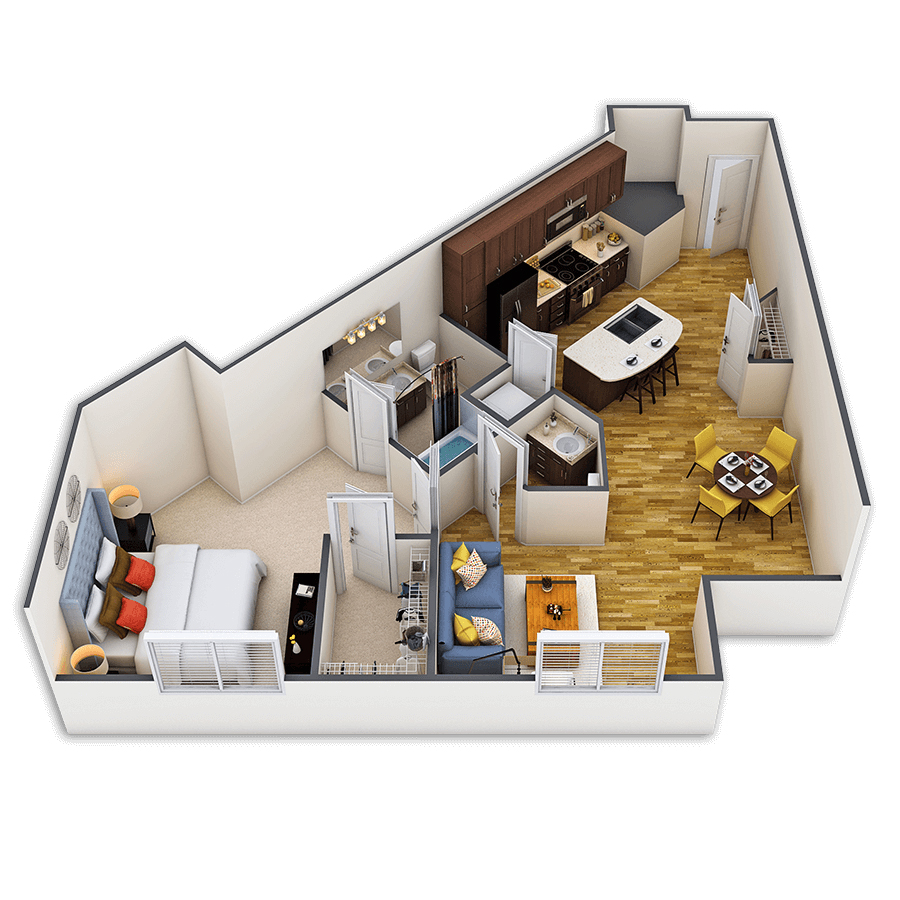 Rendering of the Champa floor plan with 1 bedroom[s] and 1.5 bathroom[s] at Griffis Union Station