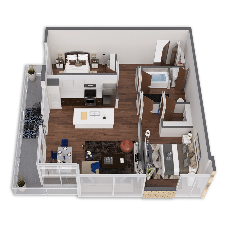 Rendering of the Kings floor plan with 2 bedroom[s] and 1 bathroom[s] at Griffis South Waterfront