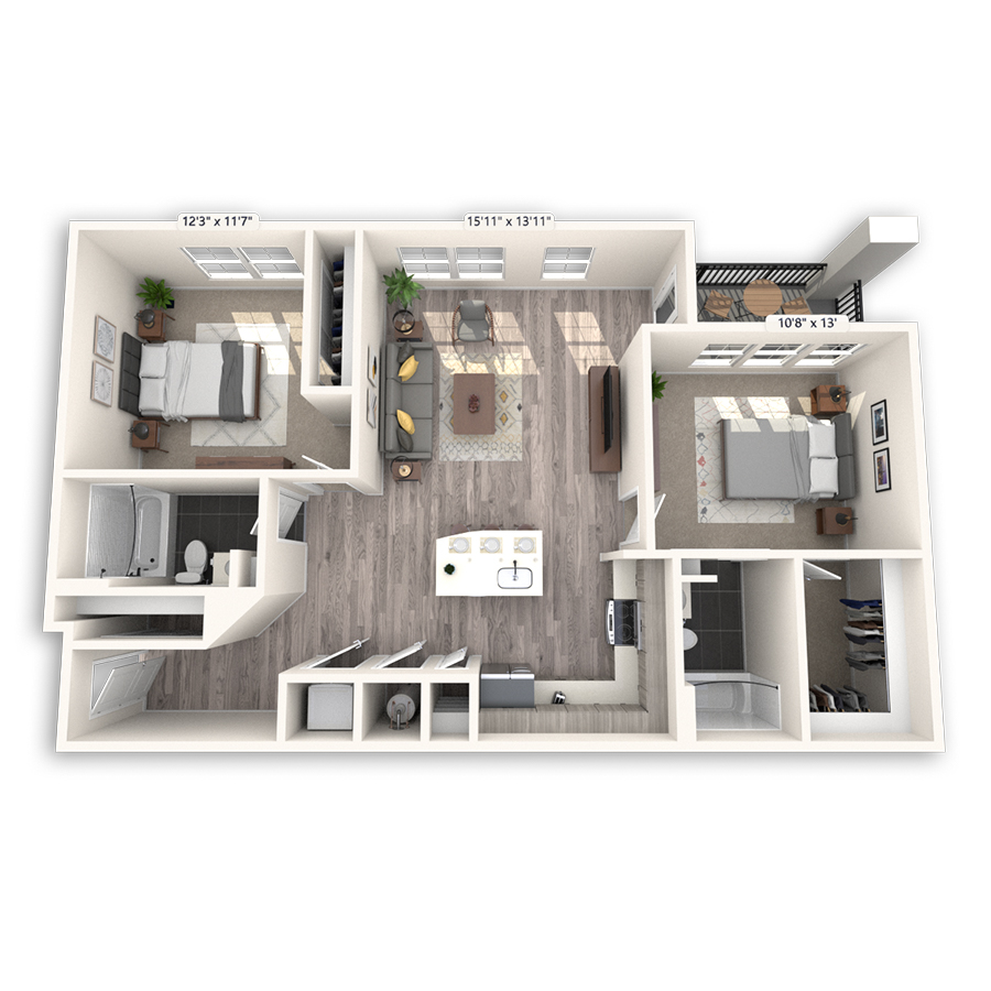 Rendering of the Sculpture floor plan with 2 bedroom[s] and 2 bathroom[s] at Griffis Cheesman Park