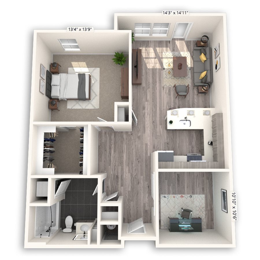 Rendering of the Cranmer Platinum floor plan with 1 bedroom[s] and 1 bathroom[s] at Griffis Cheesman Park