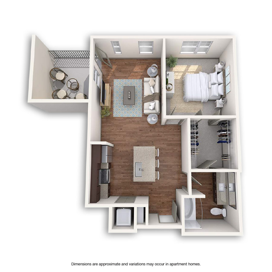 Rendering of the Fillmore floor plan with 1 bedroom[s] and 1 bathroom[s] at Griffis at Fiddler's Green
