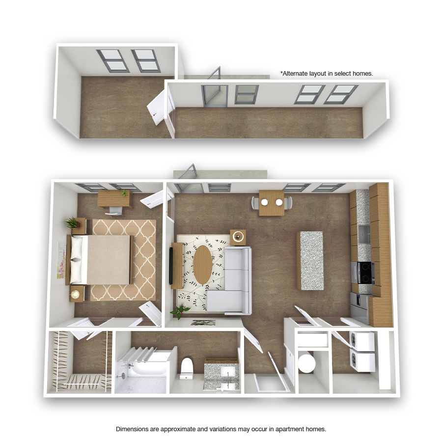 Rendering of the Rosewood floor plan with 1 bedroom[s] and 1 bathroom[s] at Griffis Oak Lawn