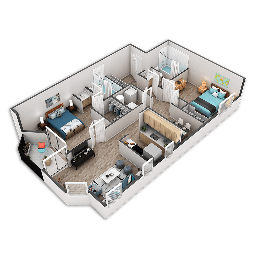 Rendering of the Evergreen floor plan with 2 bedroom[s] and 2 bathroom[s] at Griffis Belltown