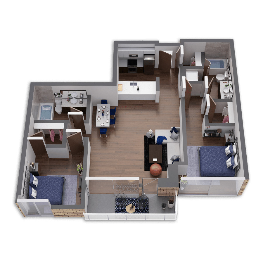 Rendering of the Powder Platinum floor plan with 2 bedroom[s] and 2 bathroom[s] at Griffis South Waterfront
