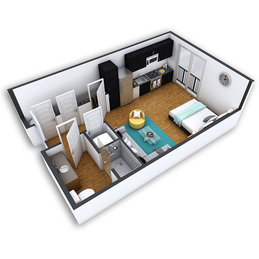 Rendering of the Athmar Park Platinum floor plan with a Studio bedroom and 1 bathroom[s] at Griffis North Union