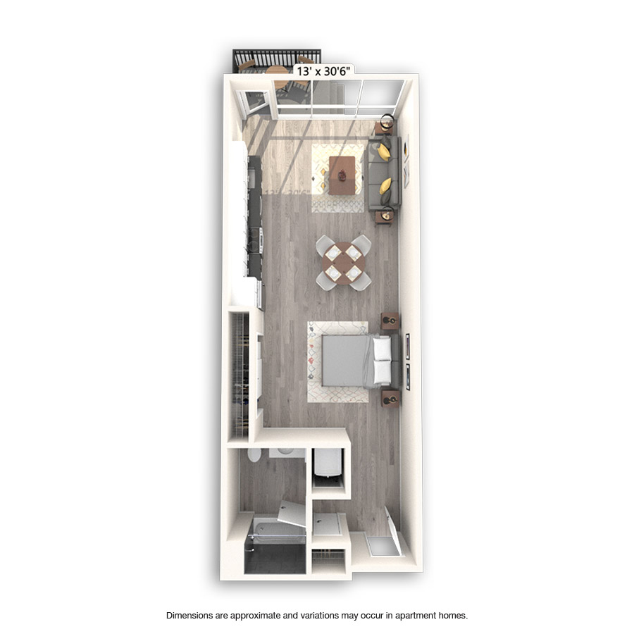 Rendering of the Langley floor plan with a Studio bedroom and 1 bathroom[s] at Griffis East Village