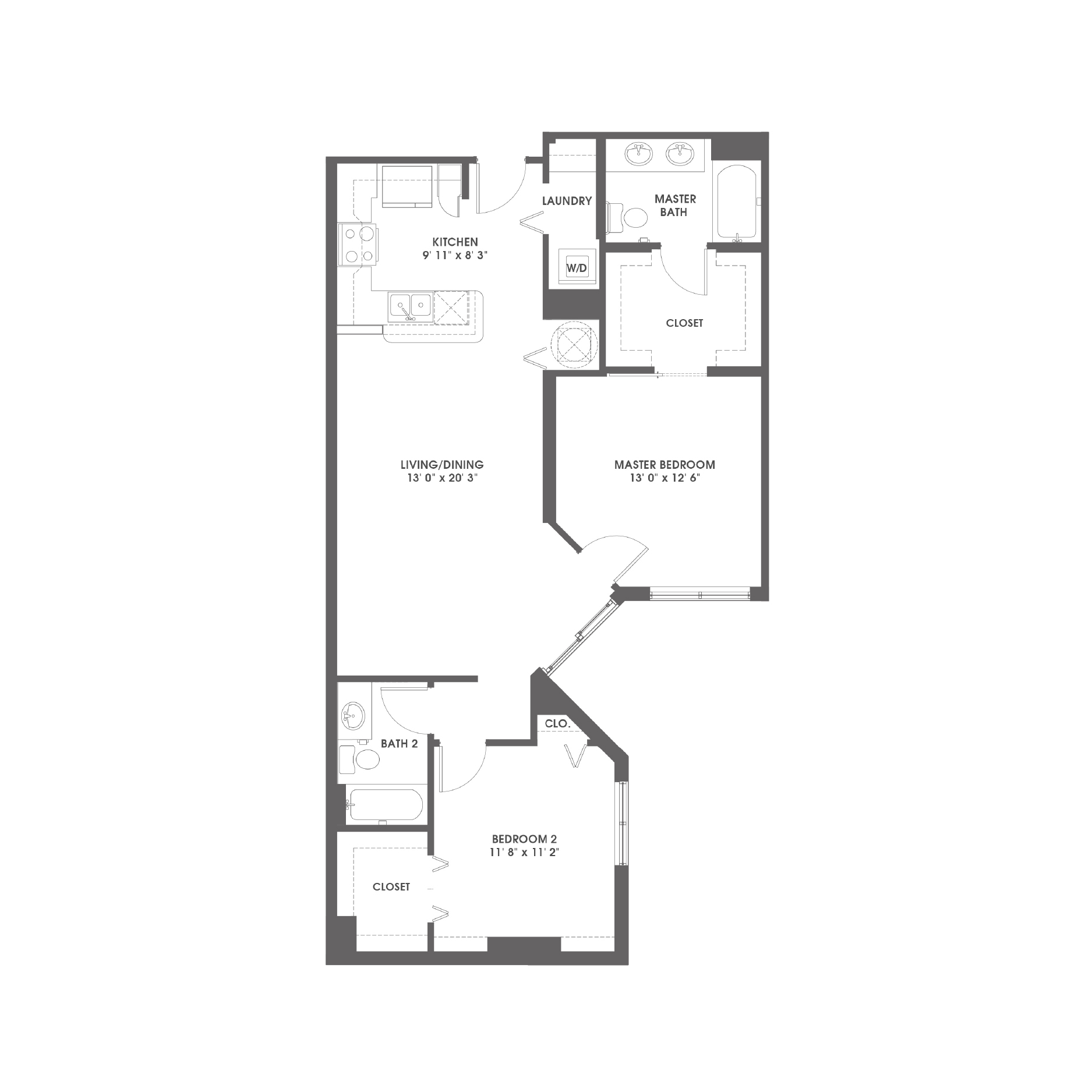 Rendering of the Juno floor plan with 2 bedroom[s] and 2 bathroom[s] at Griffis Pompano Beach