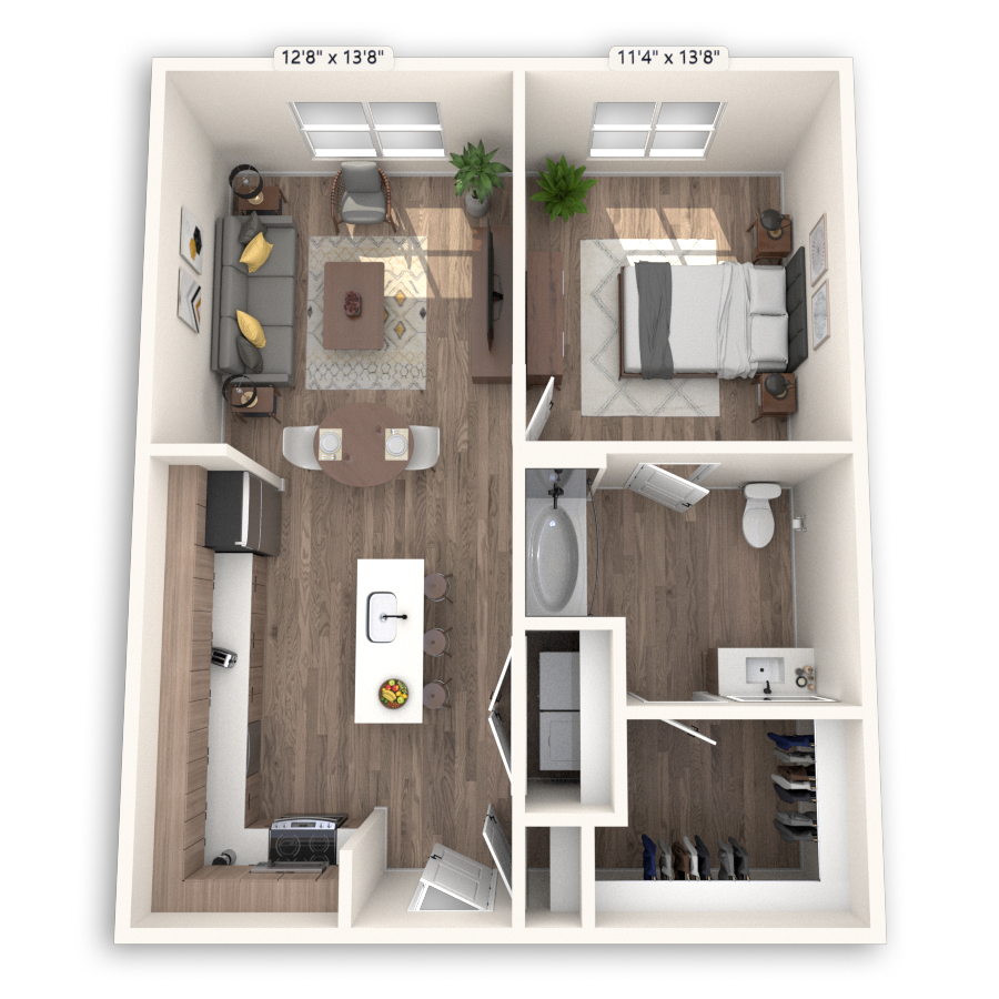 Rendering of the Madrid floor plan with 1 bedroom[s] and 1 bathroom[s] at Griffis at The Domain