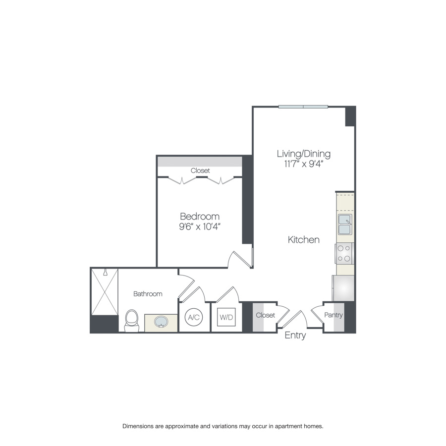 Rendering of the Avondale floor plan with 1 bedroom[s] and 1 bathroom[s] at Griffis Edgemoor