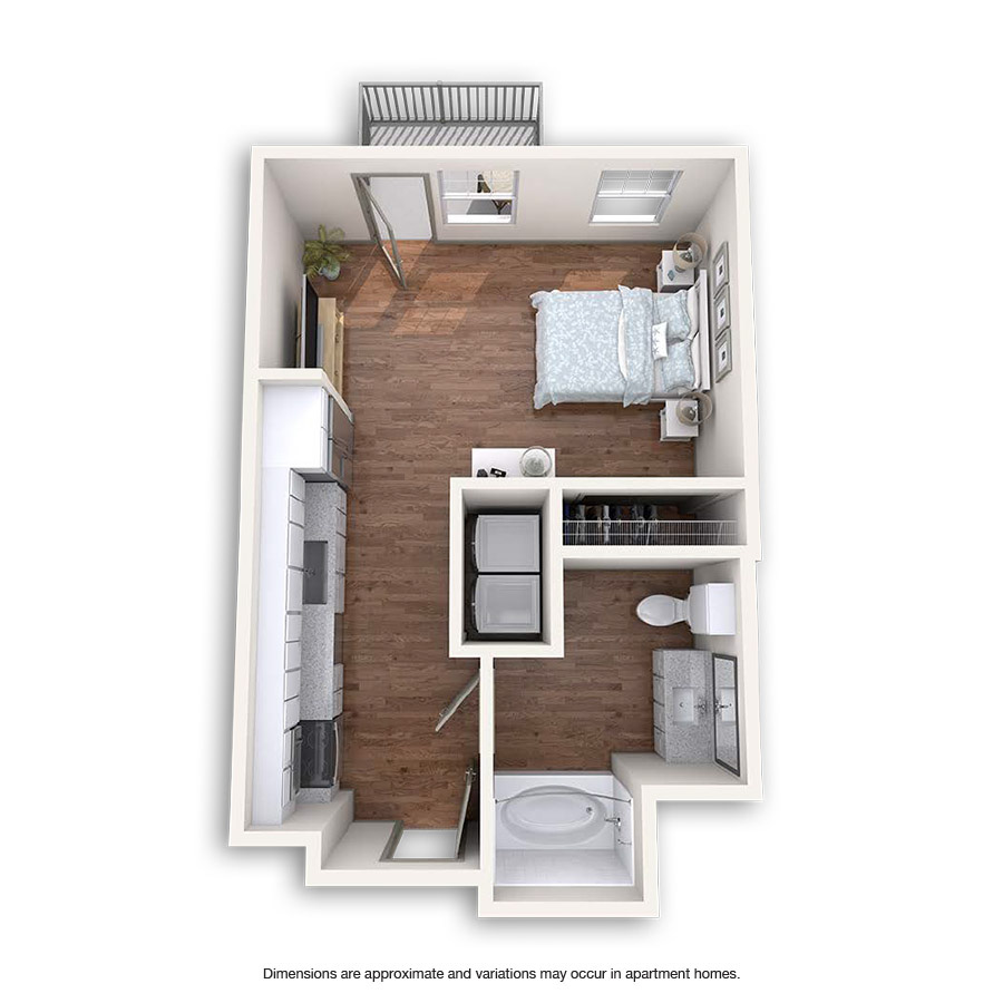 Rendering of the Cervantes floor plan with a Studio bedroom and 1 bathroom[s] at Griffis at Fiddler's Green