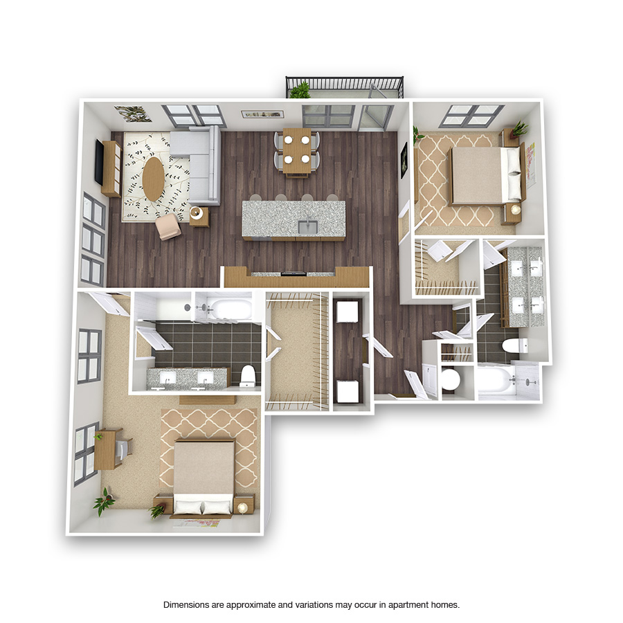 Rendering of the Wycliff floor plan with 2 bedroom[s] and 2 bathroom[s] at Griffis Oak Lawn