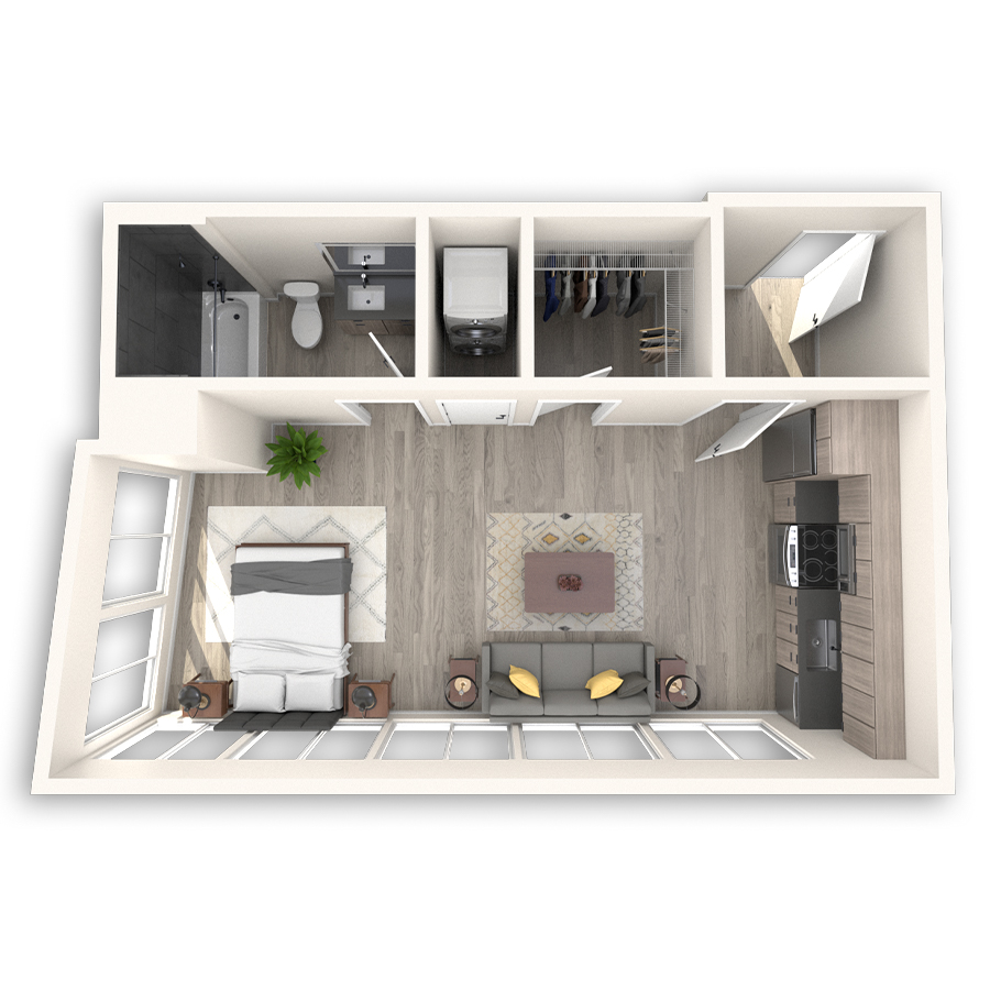 Rendering of the Capitol floor plan with a Studio bedroom and 1 bathroom[s] at Griffis Seattle Waterfront