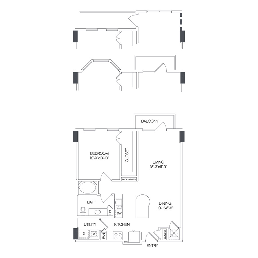 Rendering of the Heritage floor plan with 1 bedroom[s] and 1 bathroom[s] at Griffis Uptown