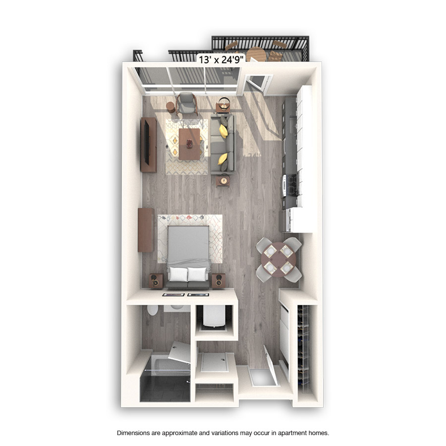 Rendering of the Cole floor plan with a Studio bedroom and 1 bathroom[s] at Griffis East Village