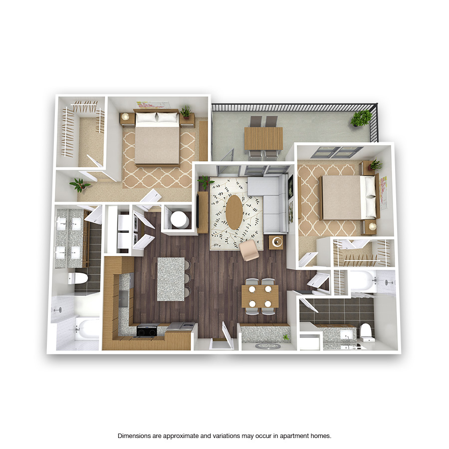 Rendering of the Welbourn floor plan with 2 bedroom[s] and 2 bathroom[s] at Griffis Oak Lawn