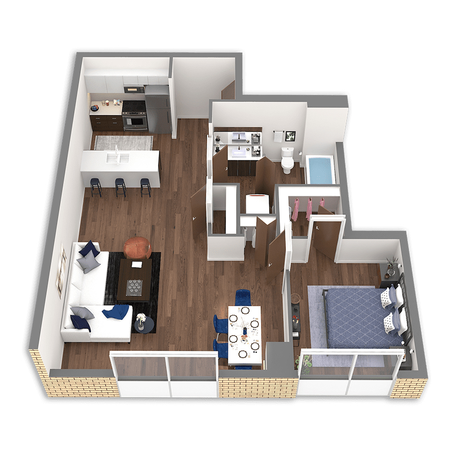 Rendering of the Crater Platinum floor plan with 1 bedroom[s] and 1 bathroom[s] at Griffis South Waterfront