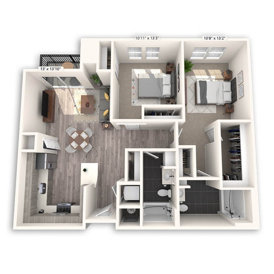 Rendering of the Founders floor plan with 2 bedroom[s] and 2 bathroom[s] at Griffis Cheesman Park