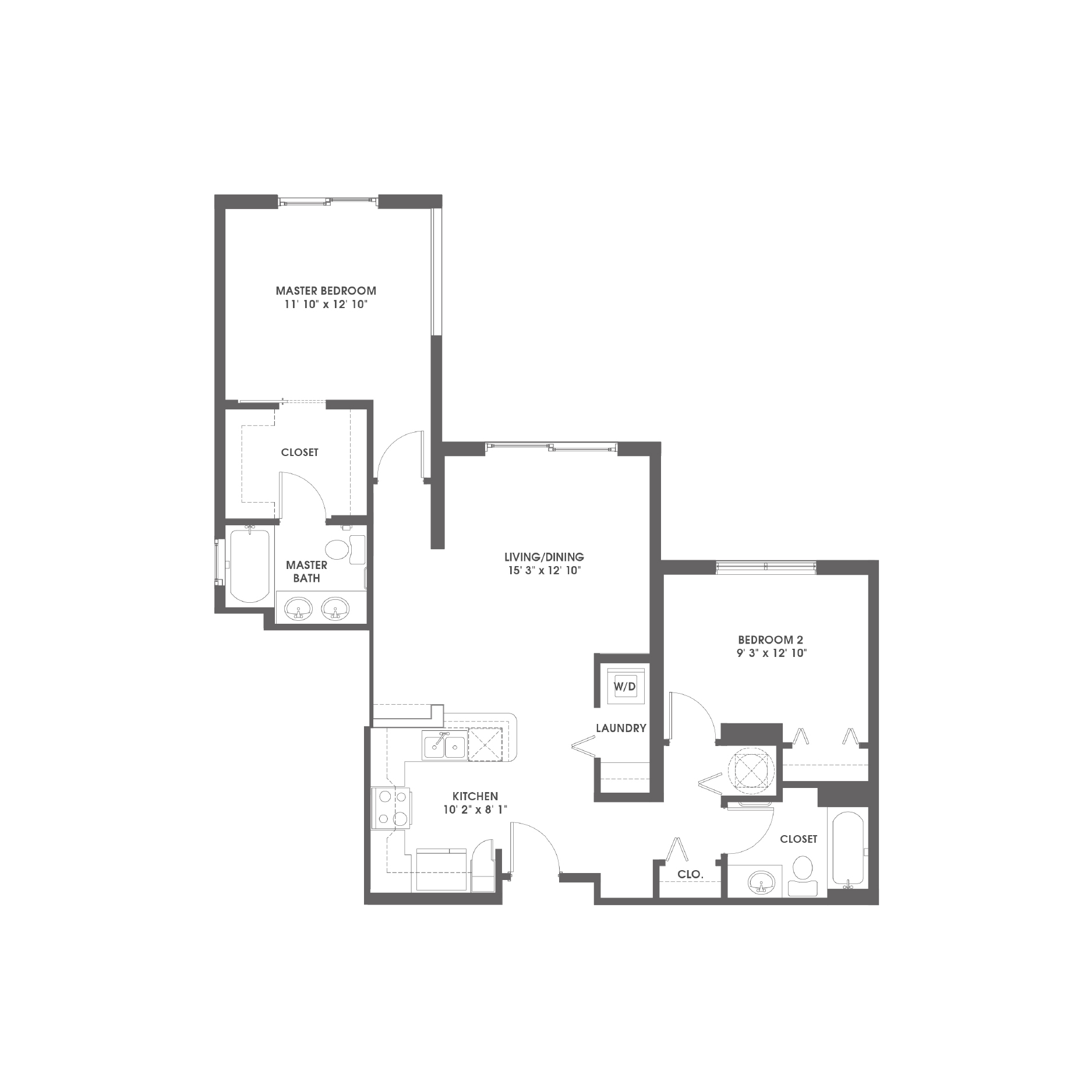 Rendering of the Hillsboro floor plan with 2 bedroom[s] and 2 bathroom[s] at Griffis Pompano Beach