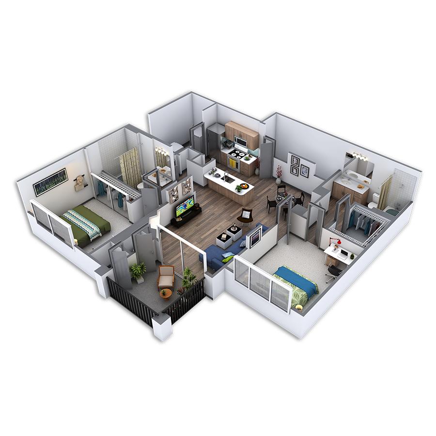 Rendering of the Net Platinum floor plan with 2 bedroom[s] and 2 bathroom[s] at Griffis Belleview Station
