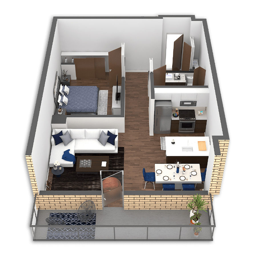 Rendering of the Lewis floor plan with 1 bedroom[s] and 1 bathroom[s] at Griffis South Waterfront