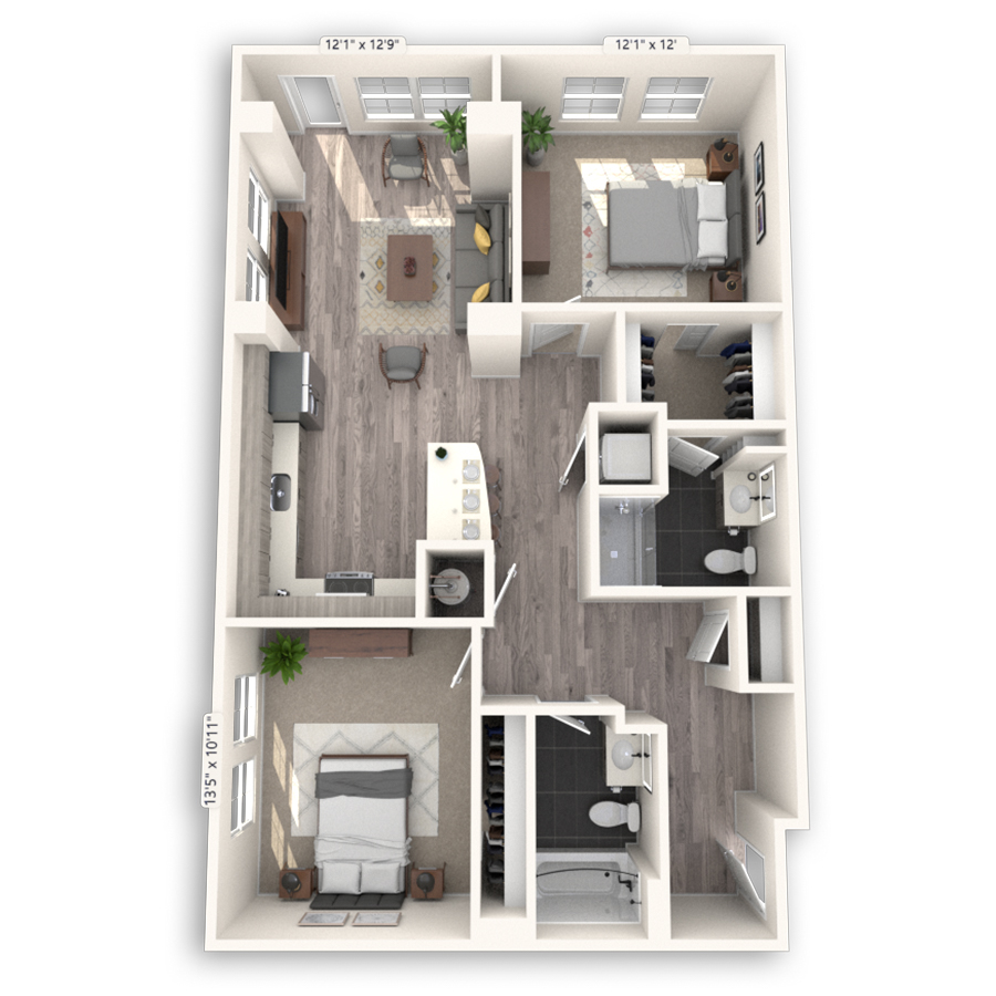 Rendering of the Harvard Platinum floor plan with 2 bedroom[s] and 2 bathroom[s] at Griffis Cheesman Park