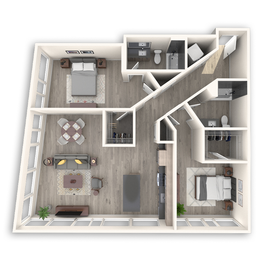 Rendering of the SoDo floor plan with 2 bedroom[s] and 2 bathroom[s] at Griffis Seattle Waterfront