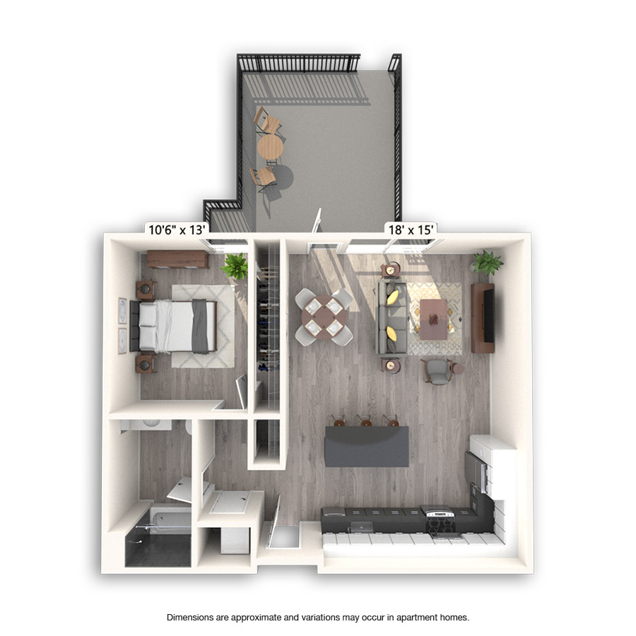 Rendering of the Hornet floor plan with 1 bedroom[s] and 1 bathroom[s] at Griffis East Village