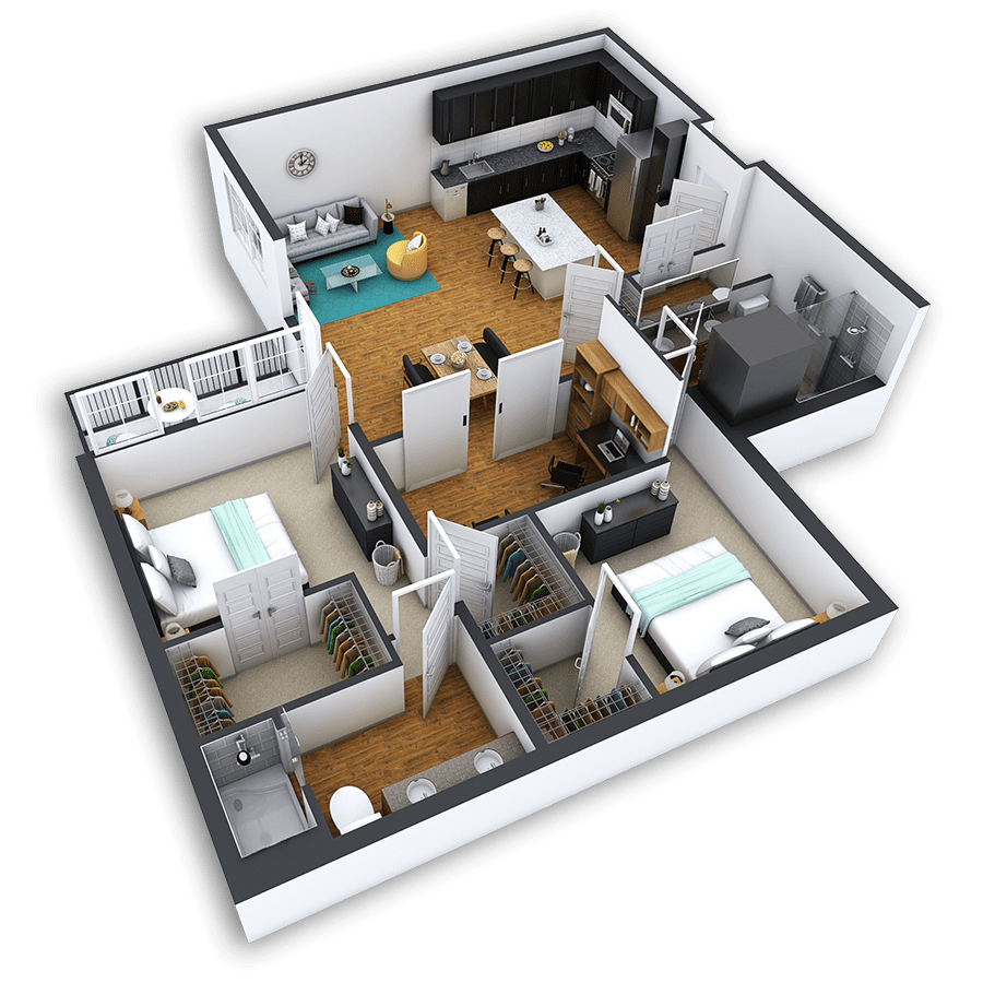 Rendering of the Sloan Lake Platinum floor plan with 2 bedroom[s] and 2 bathroom[s] at Griffis North Union