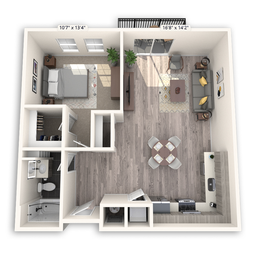Rendering of the Ruby Hill floor plan with 1 bedroom[s] and 1 bathroom[s] at Griffis Cheesman Park