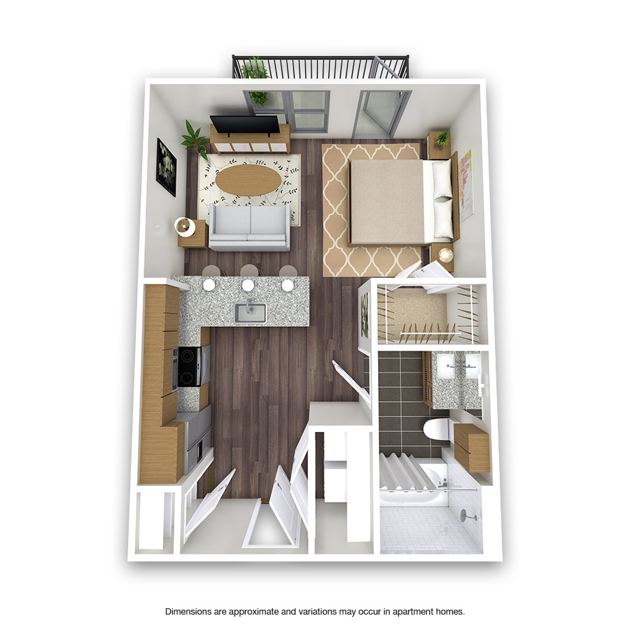Rendering of the Arroyo floor plan with a Studio bedroom and 1 bathroom[s] at Griffis Oak Lawn
