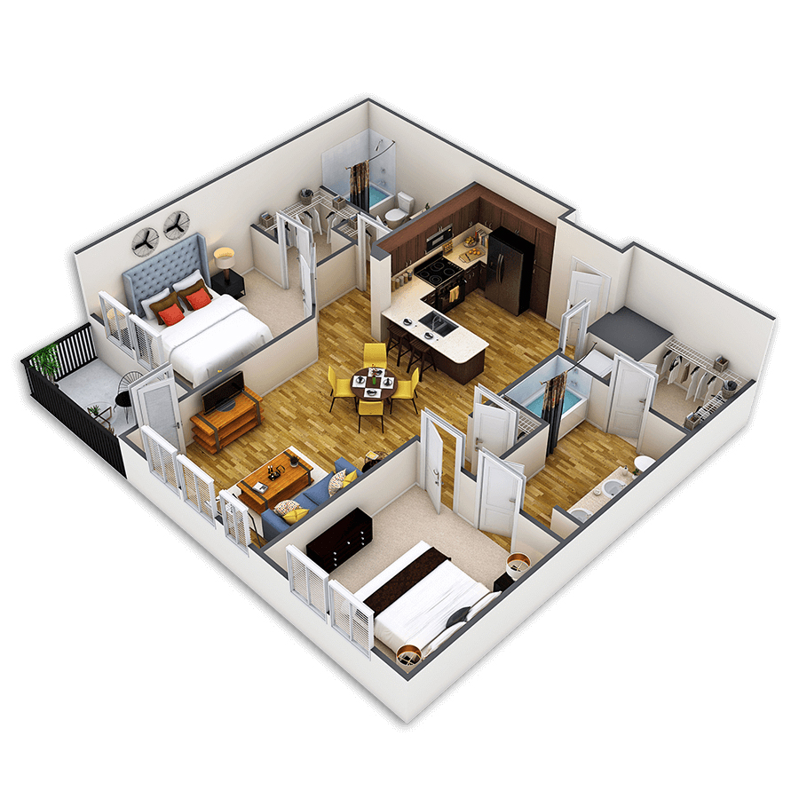 Rendering of the Lawrence floor plan with 2 bedroom[s] and 2 bathroom[s] at Griffis Union Station