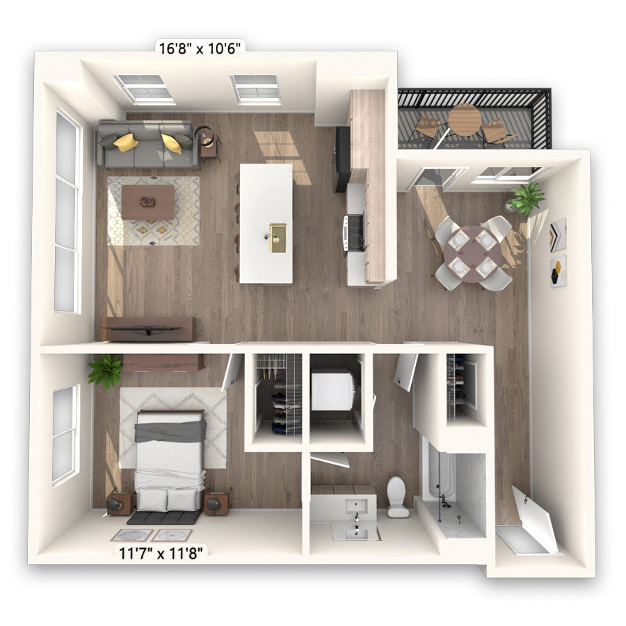 Rendering of the Pikes floor plan with 1 bedroom[s] and 1 bathroom[s] at Griffis LoDo