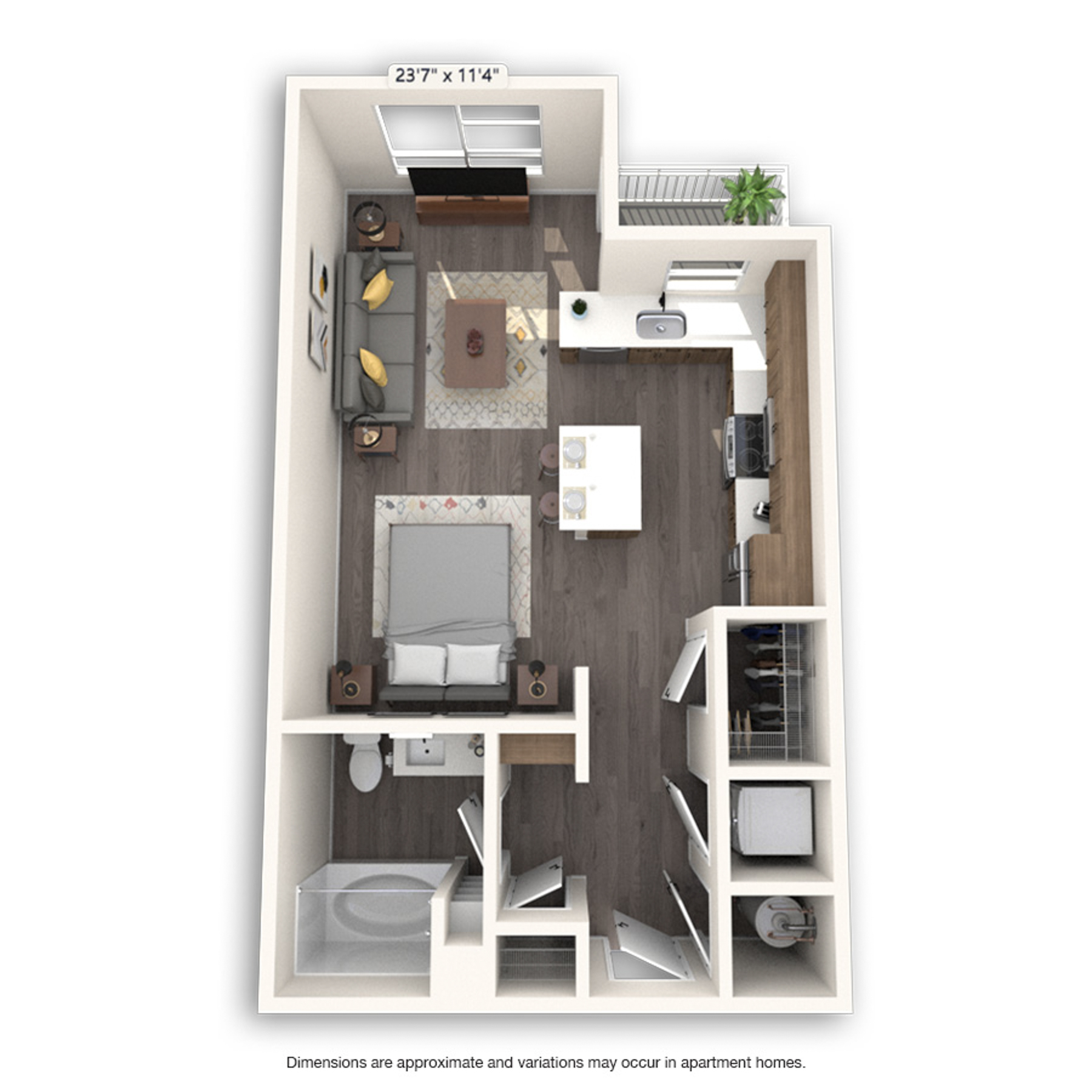 Rendering of the Ash Platinum floor plan with a Studio bedroom and 1 bathroom[s] at Griffis Cherry Creek North