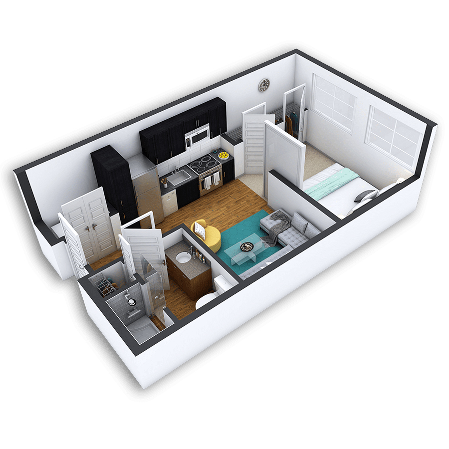 Rendering of the Auraria Platinum floor plan with a Studio bedroom and 1 bathroom[s] at Griffis North Union