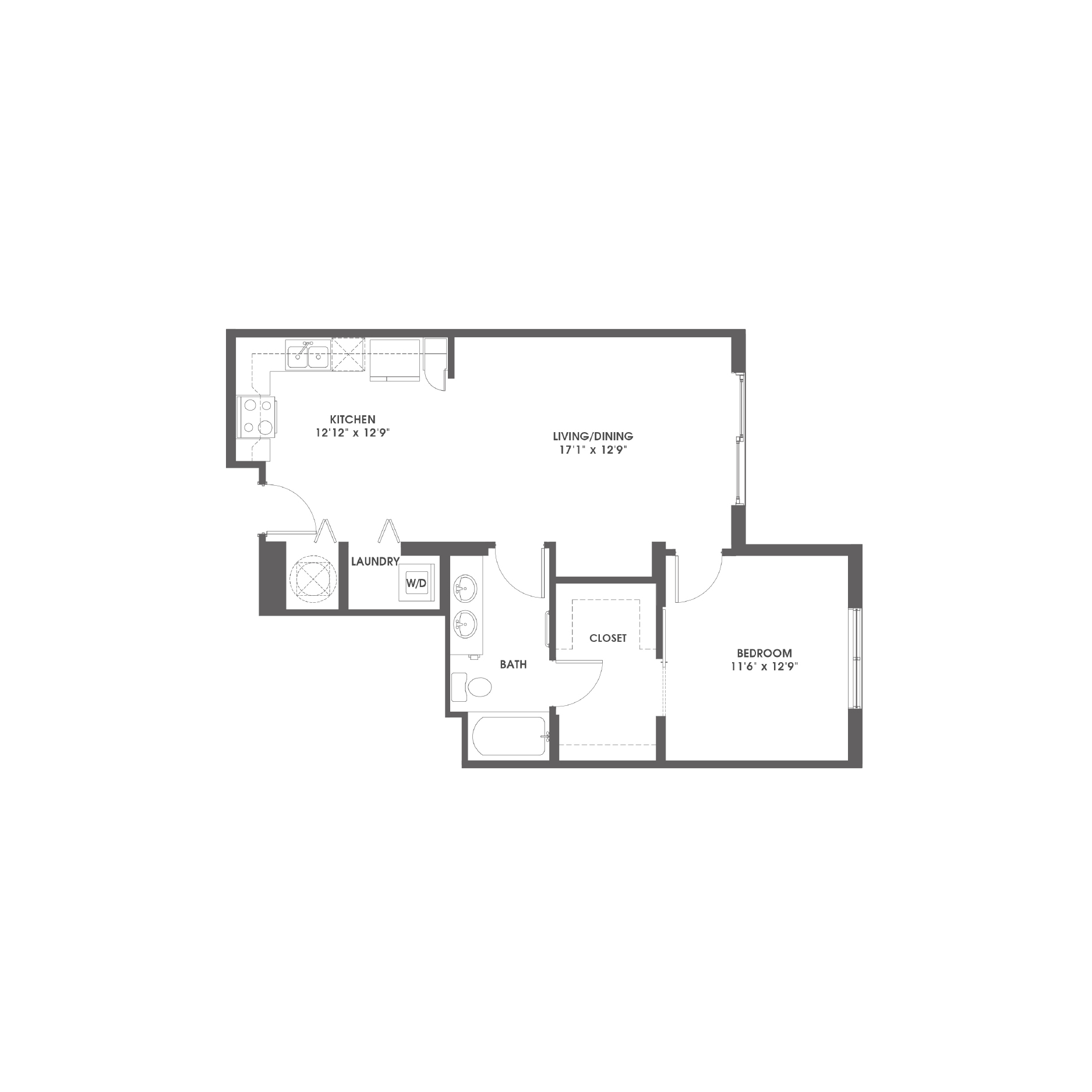 Rendering of the Dania floor plan with 1 bedroom[s] and 1 bathroom[s] at Griffis Pompano Beach
