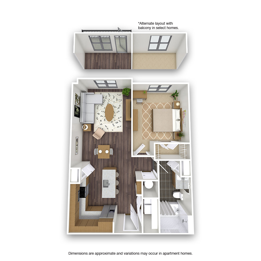 Rendering of the Hartford floor plan with 1 bedroom[s] and 1 bathroom[s] at Griffis Oak Lawn