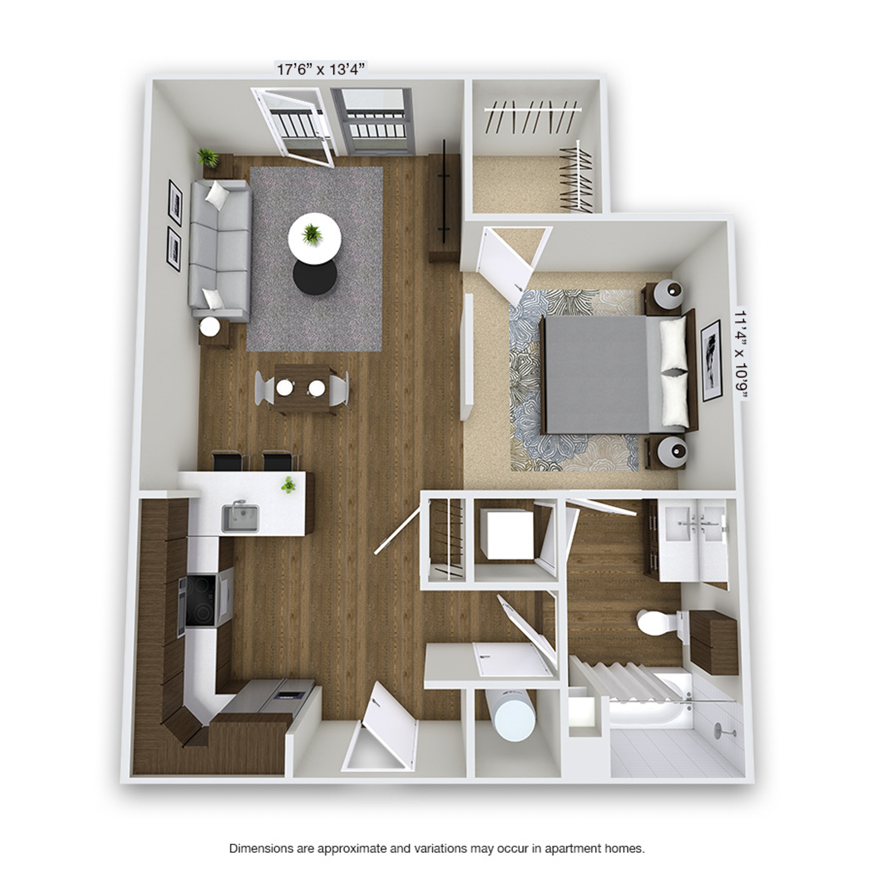 Rendering of the Clermont floor plan with a Studio bedroom and 1 bathroom[s] at Griffis Cherry Creek North