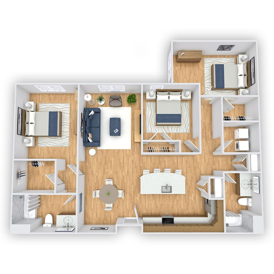 Rendering of the Townsend Affordable floor plan with 3 bedroom[s] and 2 bathroom[s] at Griffis South Bay