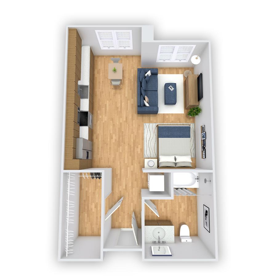 Rendering of the Agnew floor plan with a Studio bedroom and 1 bathroom[s] at Griffis South Bay