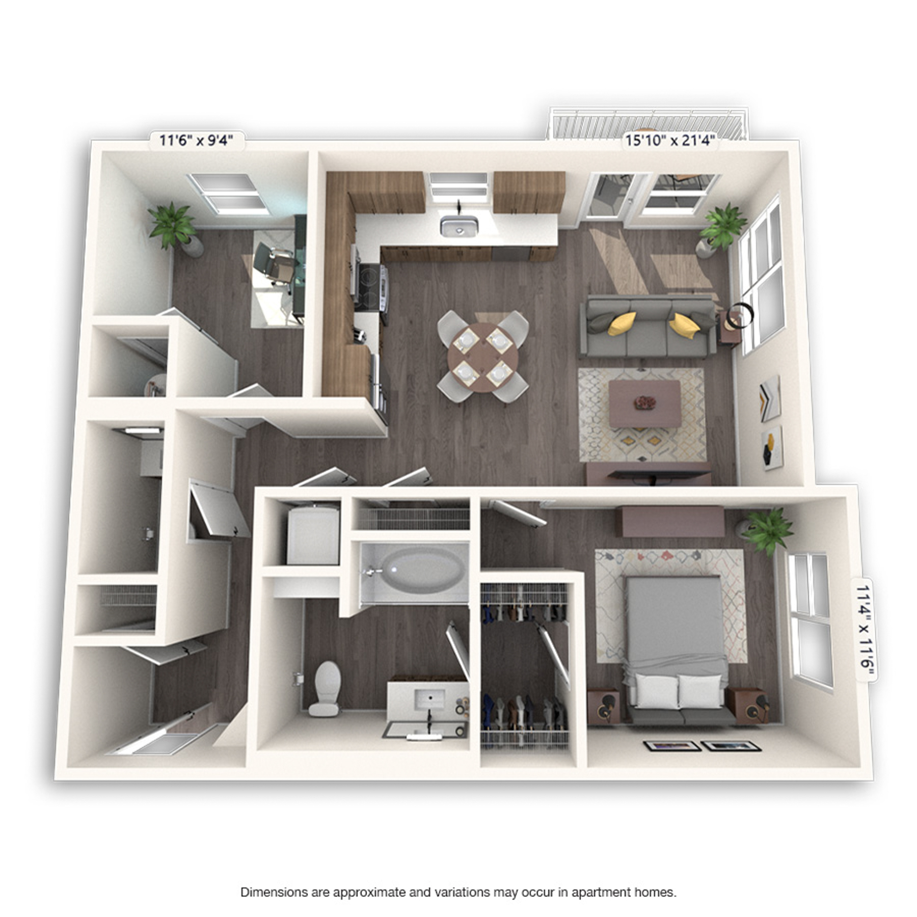Rendering of the Eudora Platinum floor plan with 1 bedroom[s] and 1 bathroom[s] at Griffis Cherry Creek North