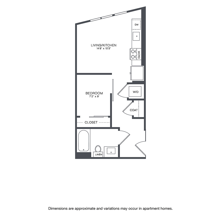 Rendering of the Dayton floor plan with 1 bedroom[s] and 1 bathroom[s] at Griffis Shoreline