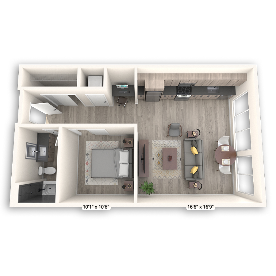 Rendering of the Fremont II floor plan with 1 bedroom[s] and 1 bathroom[s] at Griffis Seattle Waterfront
