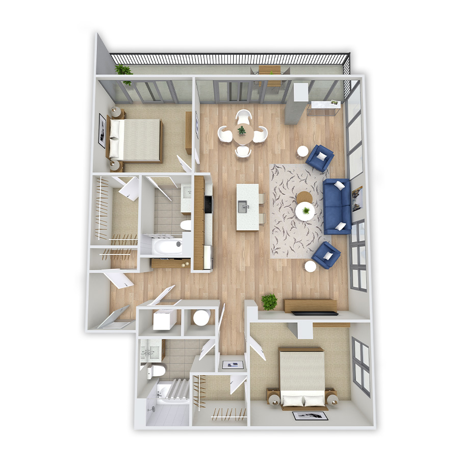 Rendering of the Rosa floor plan with 2 bedroom[s] and 2 bathroom[s] at Griffis Platform Union Station