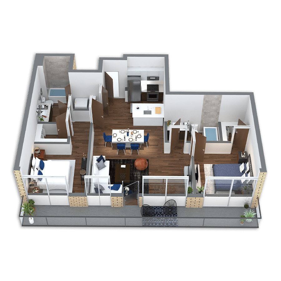 Rendering of the Nestucca Platinum Penthouse floor plan with 2 bedroom[s] and 2 bathroom[s] at Griffis South Waterfront