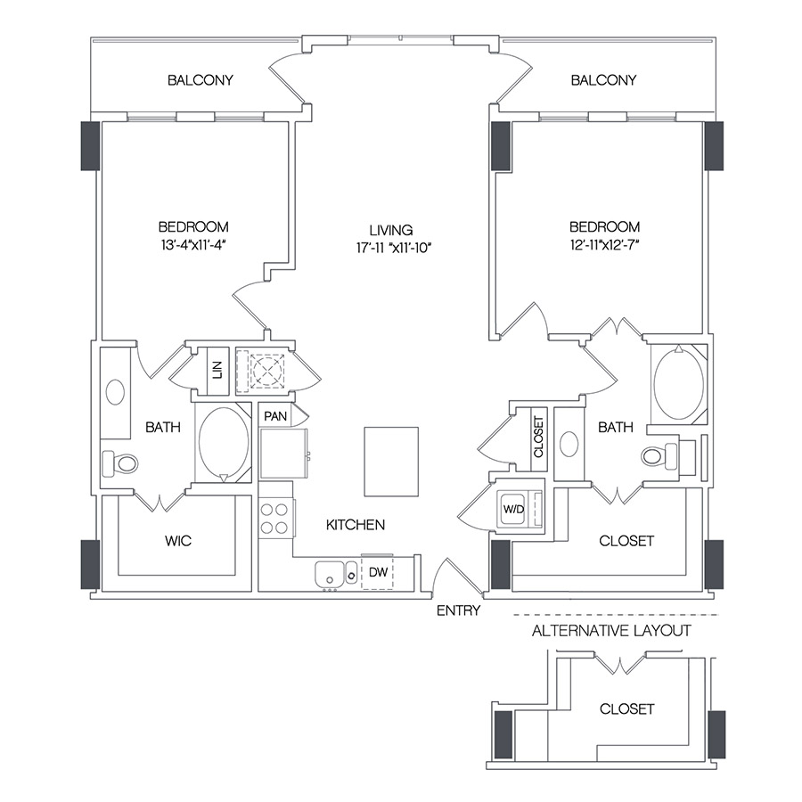 Rendering of the Parr floor plan with 2 bedroom[s] and 2 bathroom[s] at Griffis Uptown