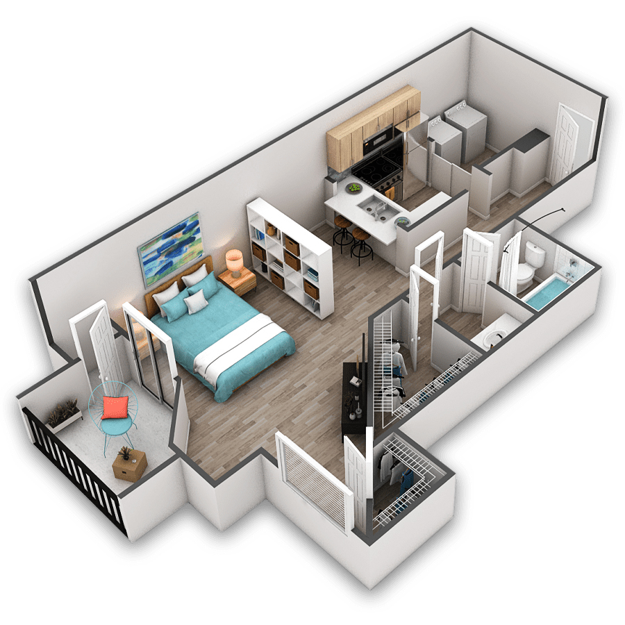 Rendering of the Pine Platinum floor plan with a Studio bedroom and 1 bathroom[s] at Griffis Belltown